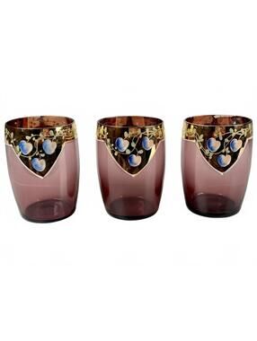 Set of 3 Antique Bohemian Amethyst Glass Tumblers Gilt Enamel Fruit Art Nouveau